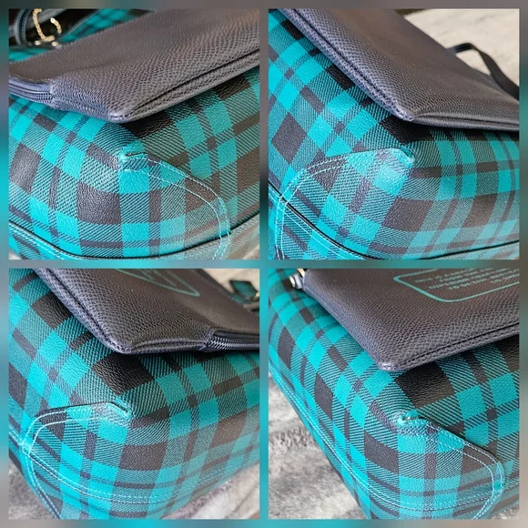 Coach Reversible City Tote In Riley Plaid/Blue With Pouch - Picture 8 of 10